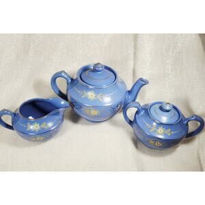 Vintage 3-piece Tea Set‎ Moriage Stoneware Blue Made in Japan 1950's